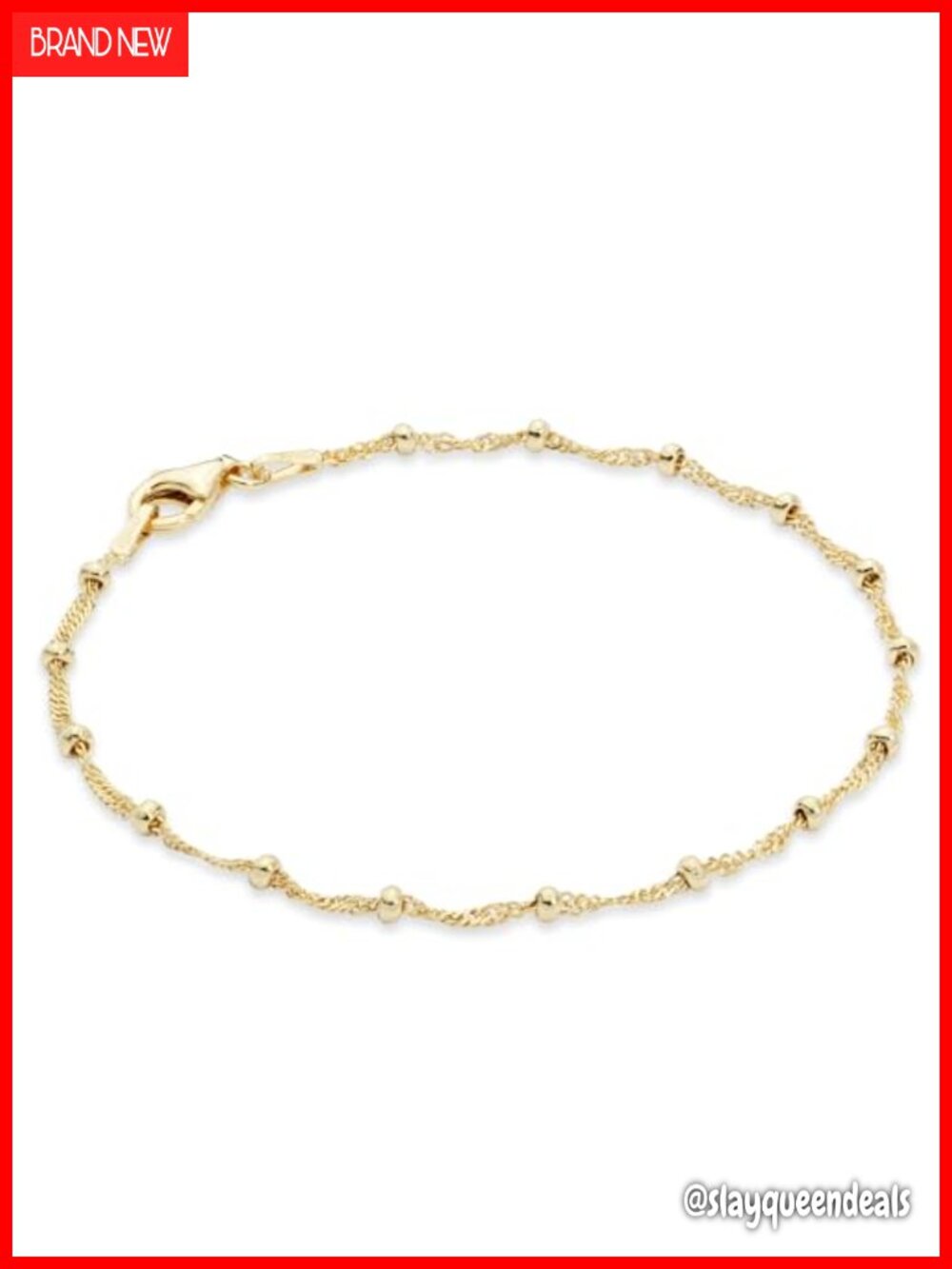 Solid 925 Sterling Silver Gold Plated Singapore Bead Chain Station Bracelet 7"